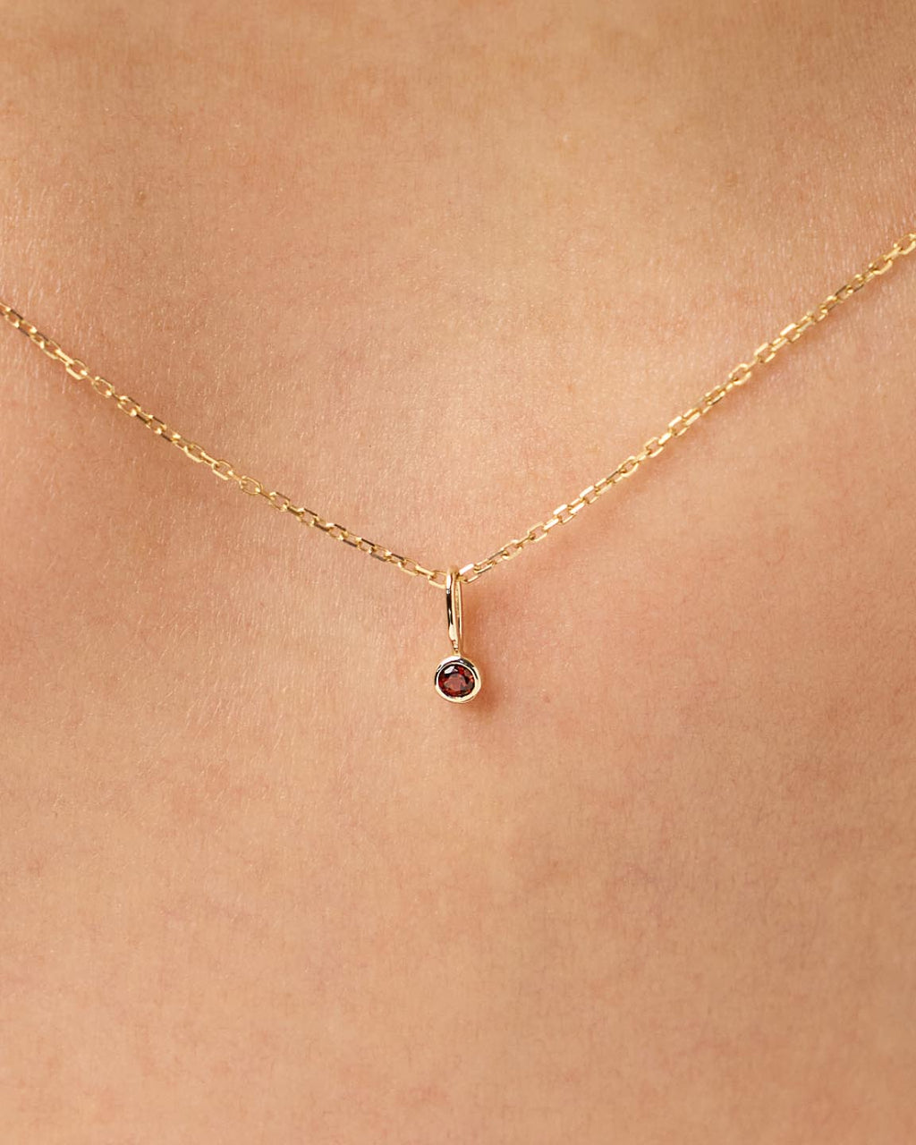 Solid Yellow Gold - Red Garnet Mini Birthstone Necklace