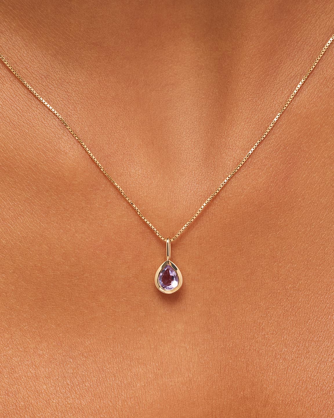 Solid Yellow Gold Birthstone - Pink Amethyst Teardrop Charm