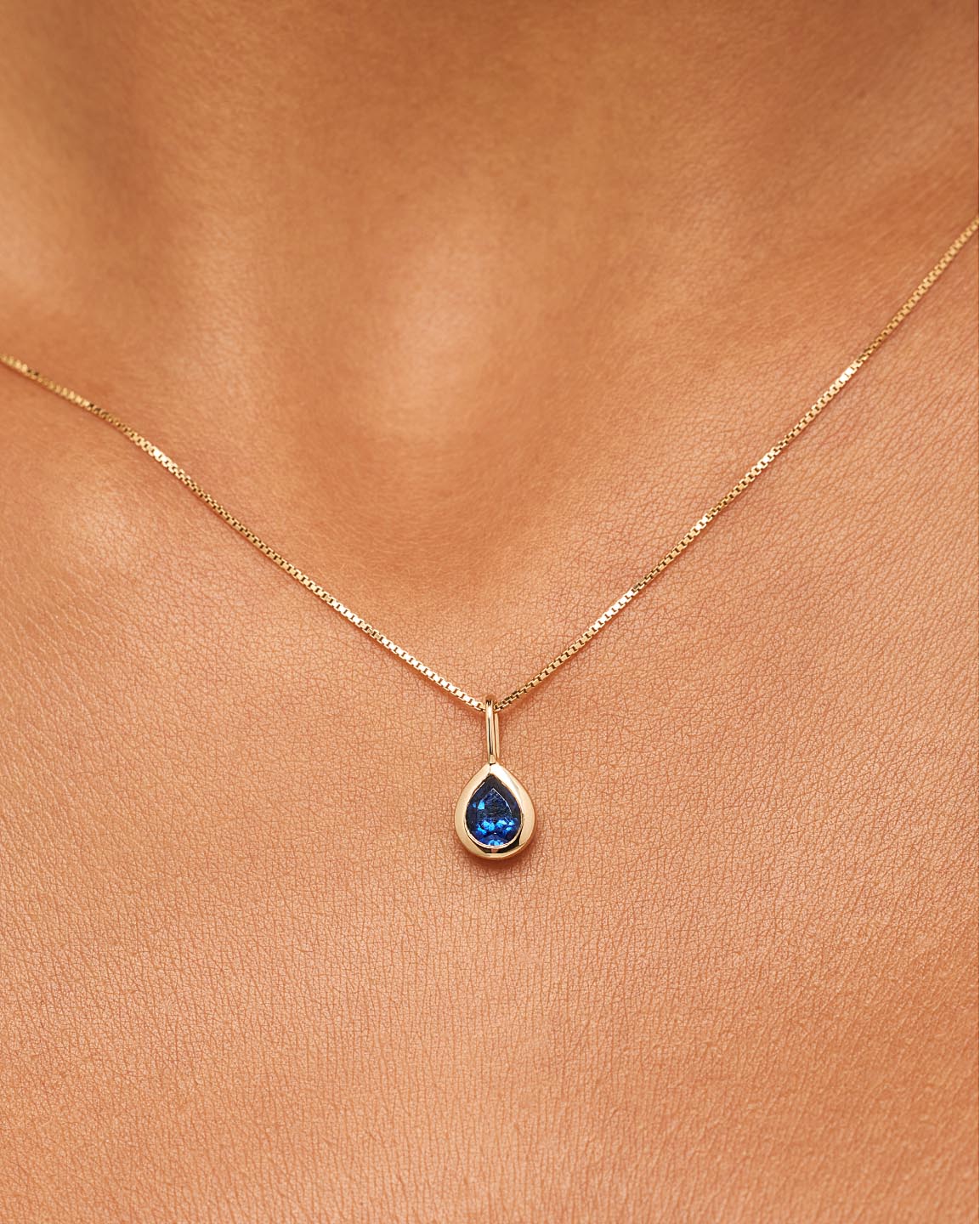Solid Yellow Gold - Light Blue Sapphire Teardrop Necklace