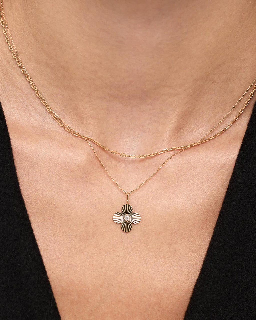 Solid Yellow Gold - Large Diamond Flower Charm Necklace
