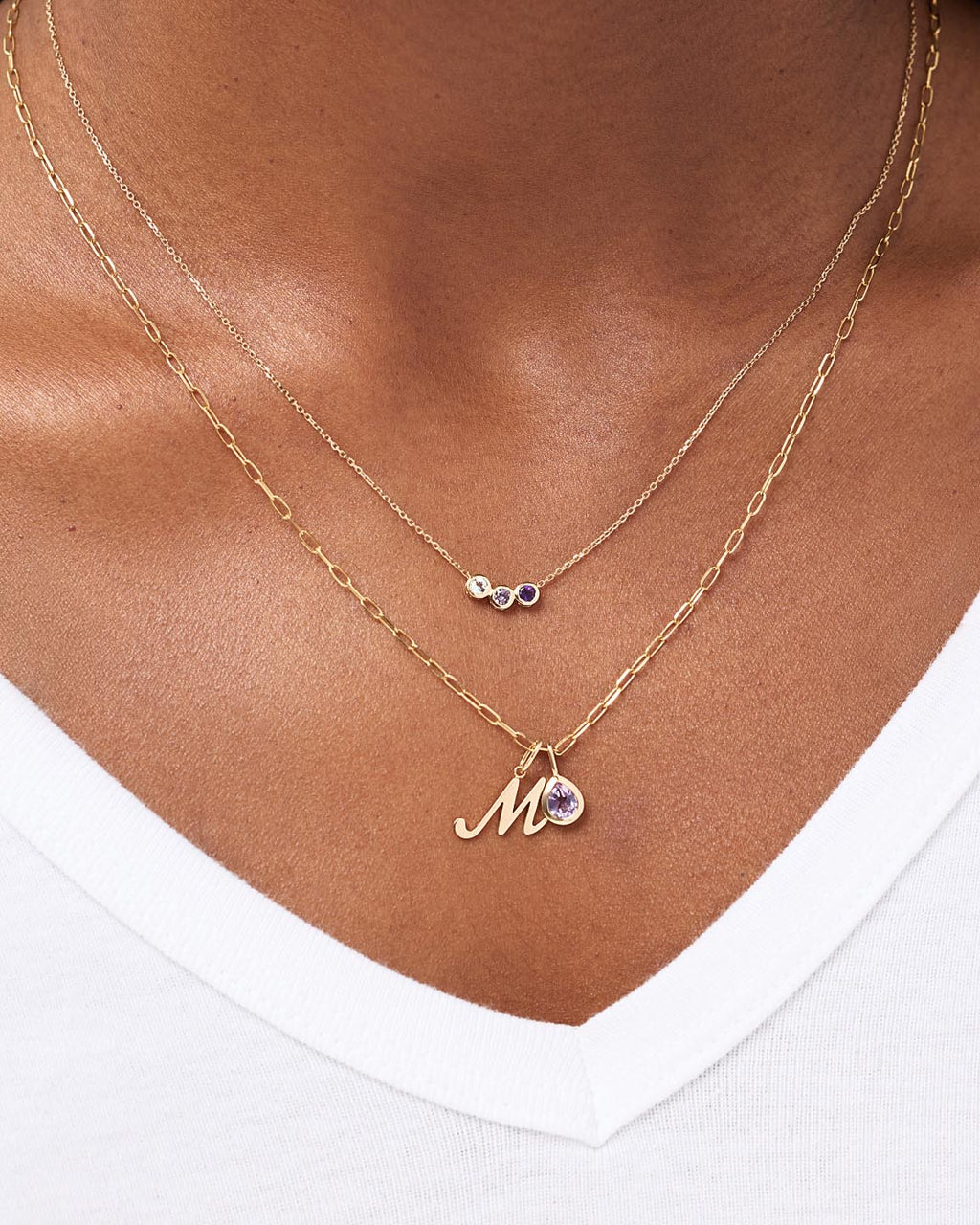Solid Yellow Gold - 3 Stone Birthstone Necklace