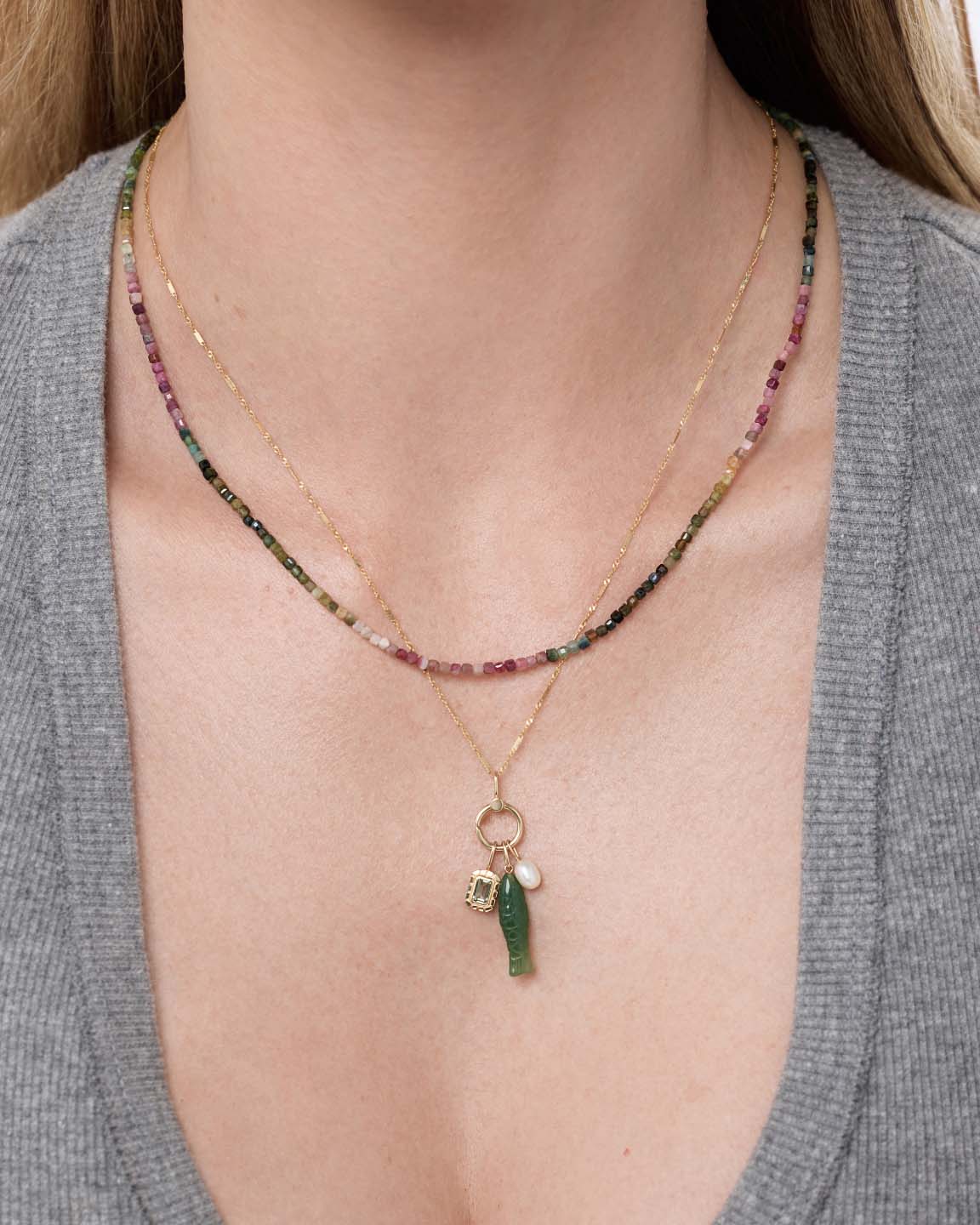 Solid Yellow Gold - Gemstone Fish Necklace