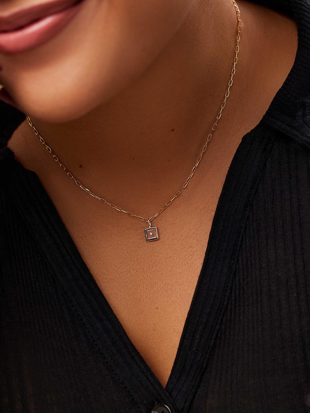Gold Pendant - Square Floating Diamond Charm