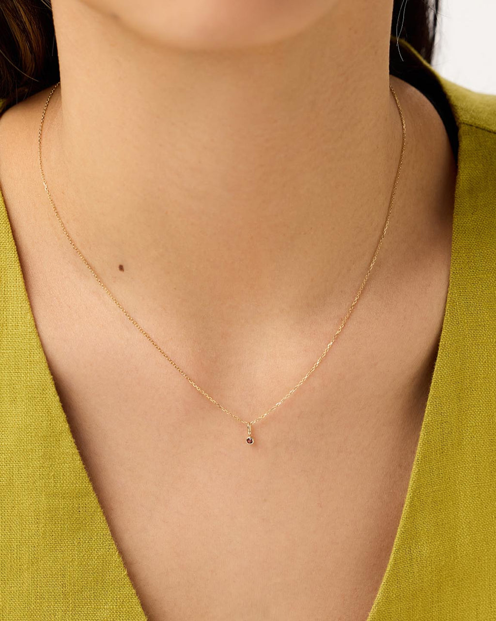 Solid Yellow Gold - Red Garnet Mini Birthstone Necklace