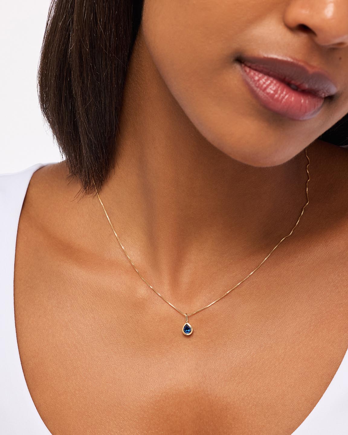 Solid Yellow Gold - Light Blue Sapphire Teardrop Necklace