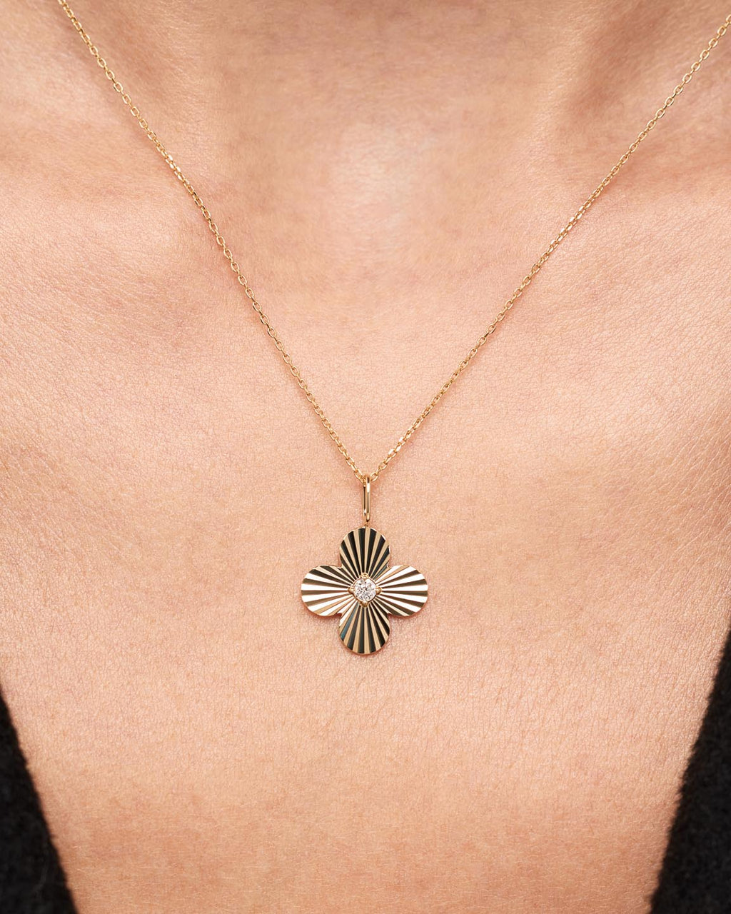 Solid Yellow Gold - Large Diamond Flower Charm Necklace