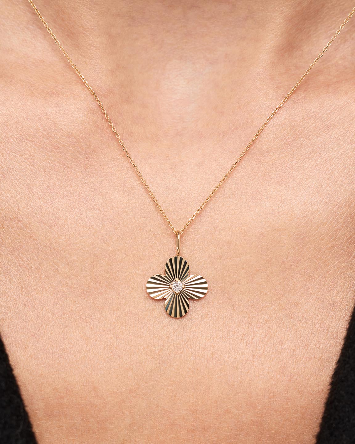 Solid Yellow Gold - Large Diamond Flower Charm Necklace