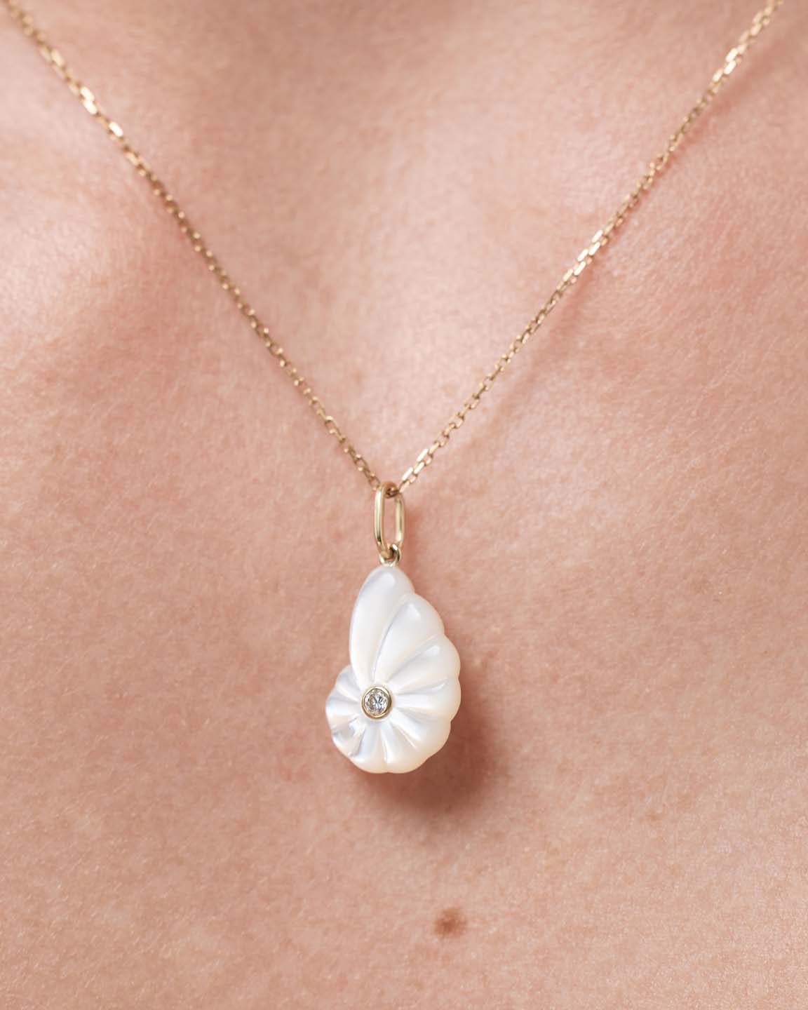 Solid Yellow Gold - Mother of Pearl Shell Necklace