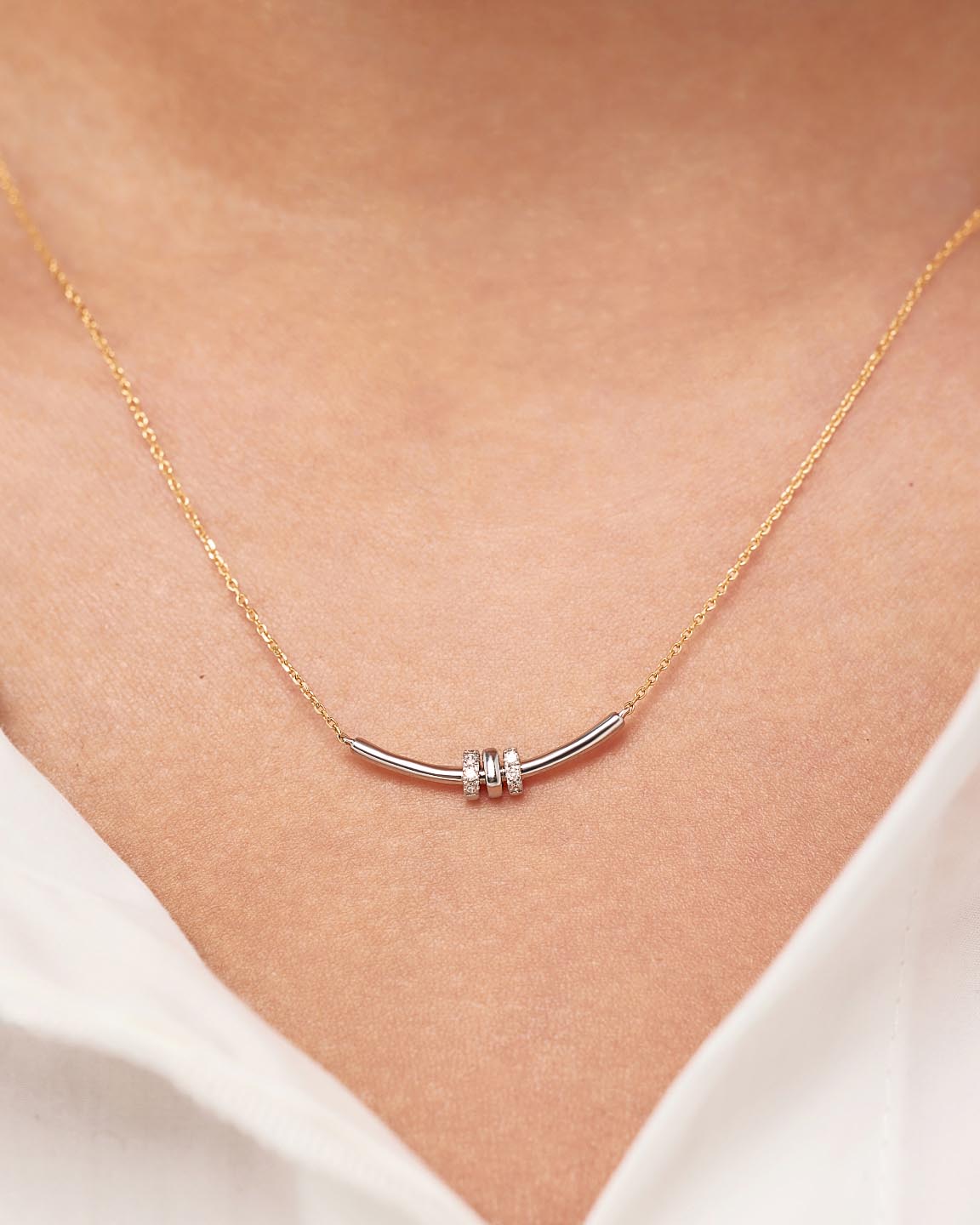 Solid Yellow Gold - Diamond Links Bar Necklace