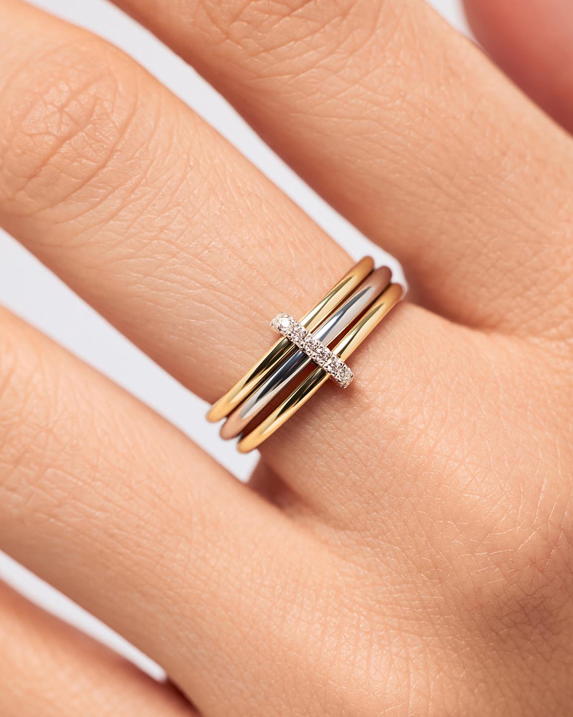Solid Yellow Gold - Two Tone Trio Diamond Link Ring