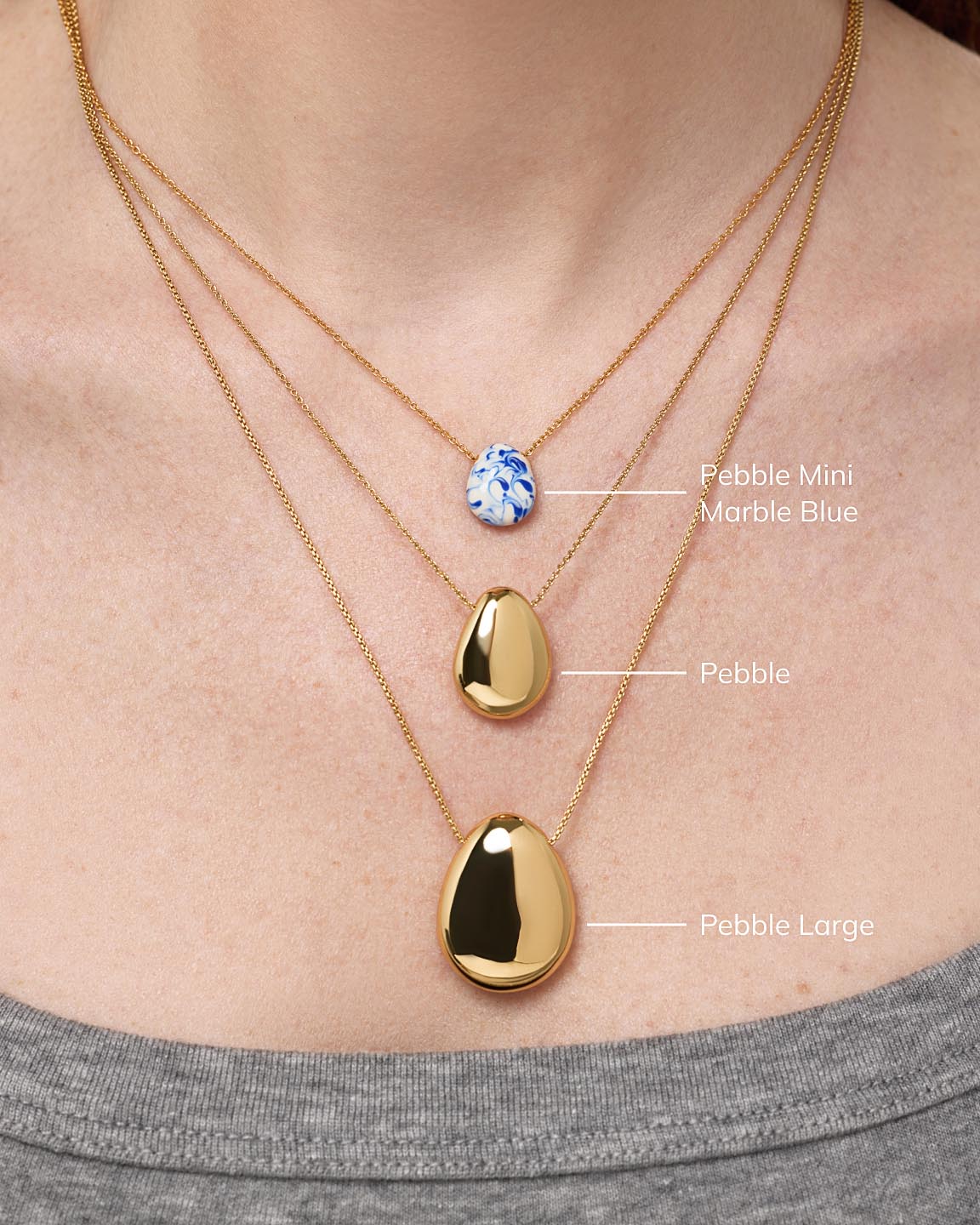 Gold Statement Necklace - Pebble Mini Marble Blue