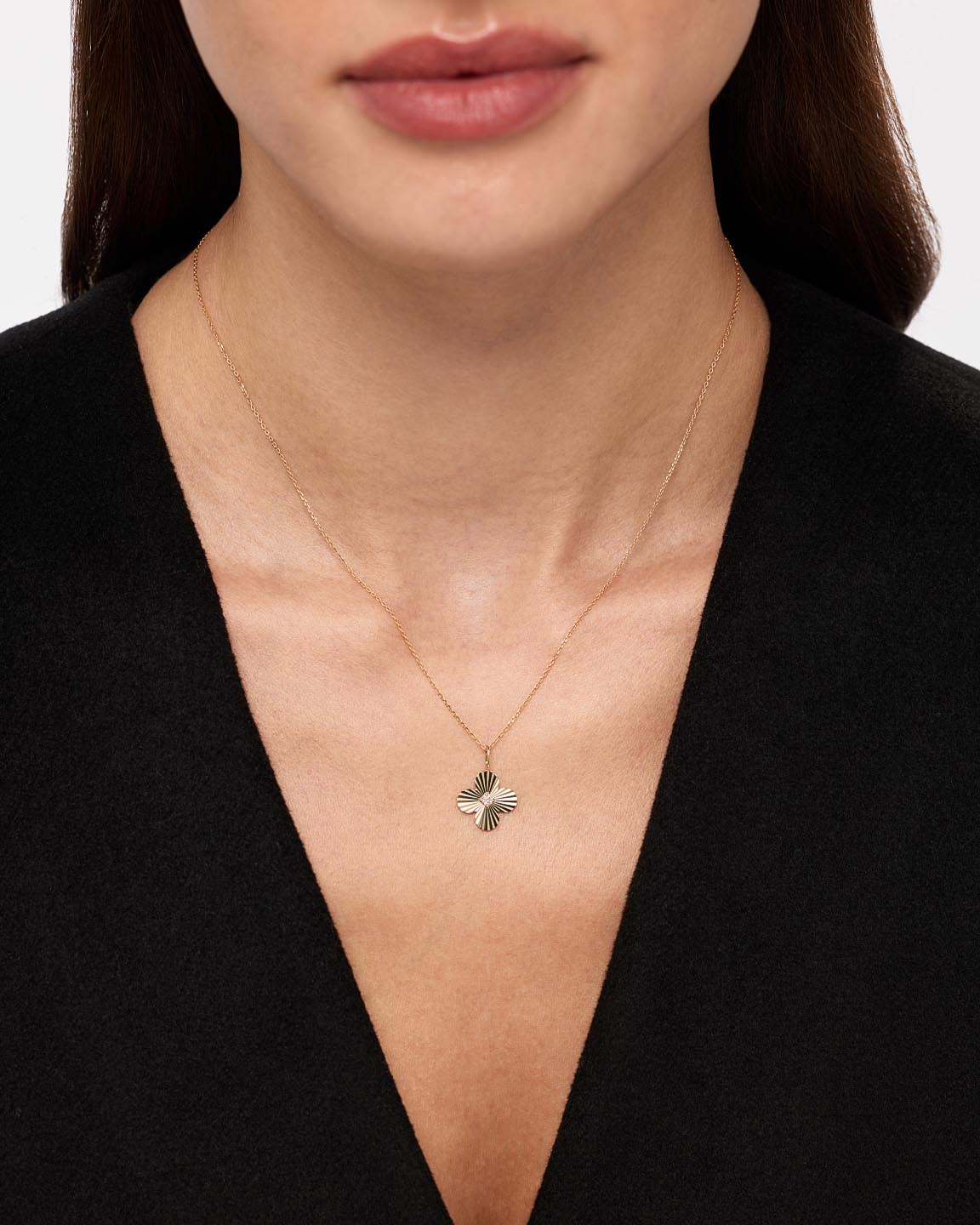 Solid Yellow Gold - Large Diamond Flower Charm Necklace