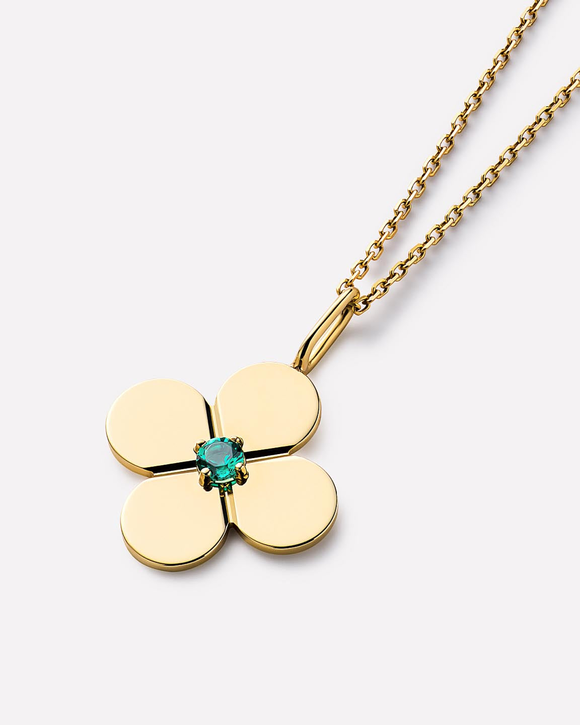 Solid Yellow Gold - Large Emerald Flower Charm Necklace