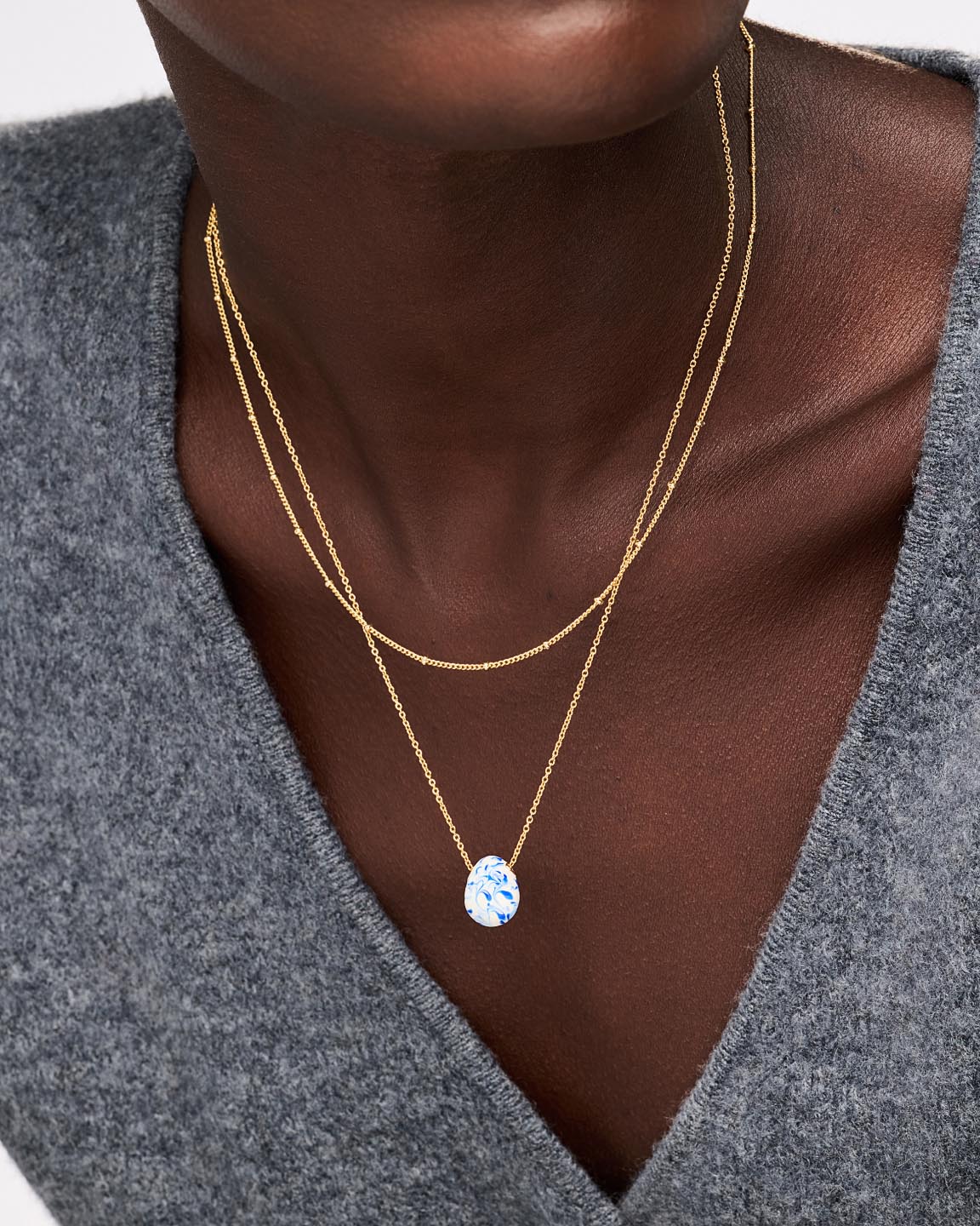 Gold Statement Necklace - Pebble Mini Marble Blue