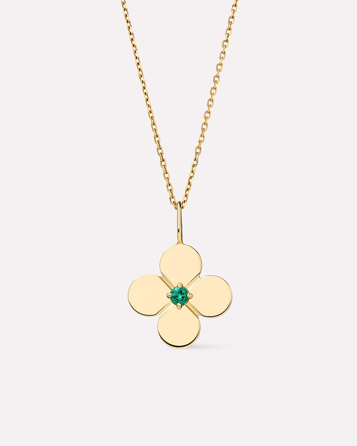 Solid Yellow Gold - Large Emerald Flower Charm Necklace
