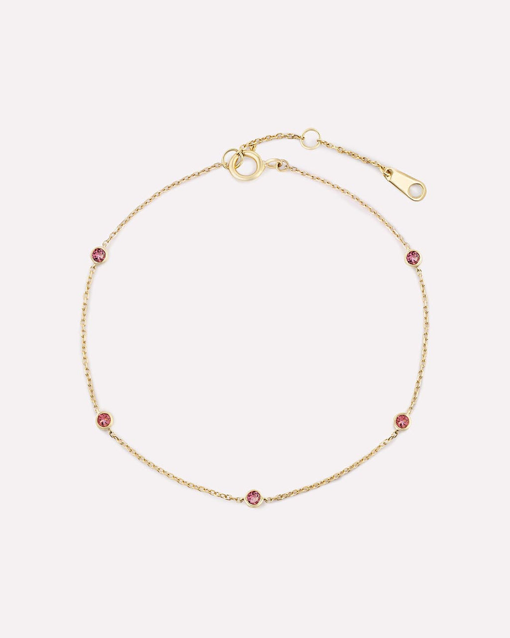 Solid Yellow Gold - Pink Tourmaline Birthstone Station Bracelet